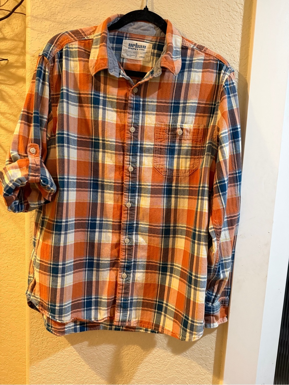 Upharm Men's Plaid Cotton Button Down Orange & Blue Large Like New
